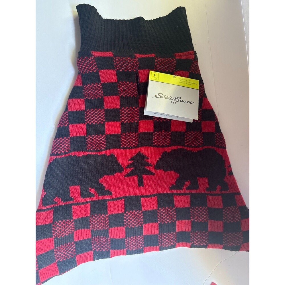 Eddie Bauer Pet Dog Sweater Size Large NWT Buffalo Plaid Bear Tree Cabin Core